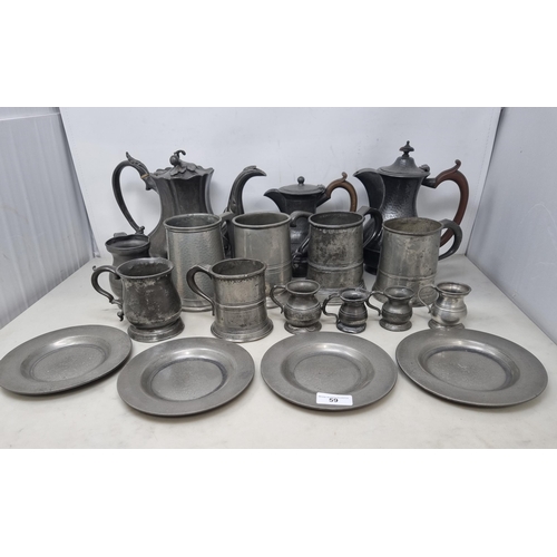 59 - A Collection of Pewter including four small Plates with London touch marks, 6in, eleven Mugs and Mea... 