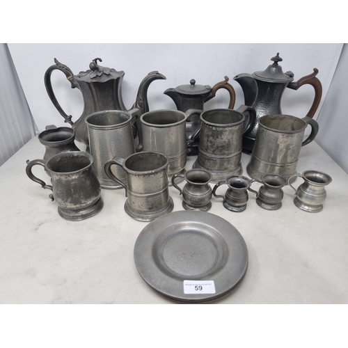 59 - A Collection of Pewter including four small Plates with London touch marks, 6in, eleven Mugs and Mea... 