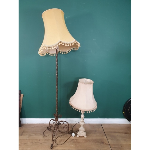 80 - A twisted iron Standard Lamp and Shade and a white painted Table Lamp and Shade, ONE PASSED PAT AND ... 