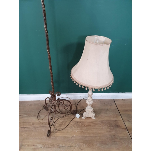 80 - A twisted iron Standard Lamp and Shade and a white painted Table Lamp and Shade, ONE PASSED PAT AND ... 