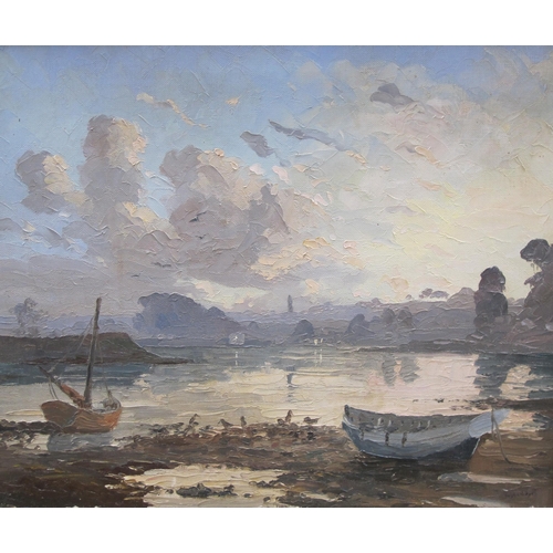 410 - HUGH E. RIDGE. A tranquil harbour scene with beached boats, signed, oil on canvas, 18 x 22 in; and a... 