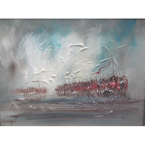 411 - JOHN BAMPFIELD. Soldiers on a battlefield, signed, acrylic on canvas, 14 x 16 in; and a hand coloure... 