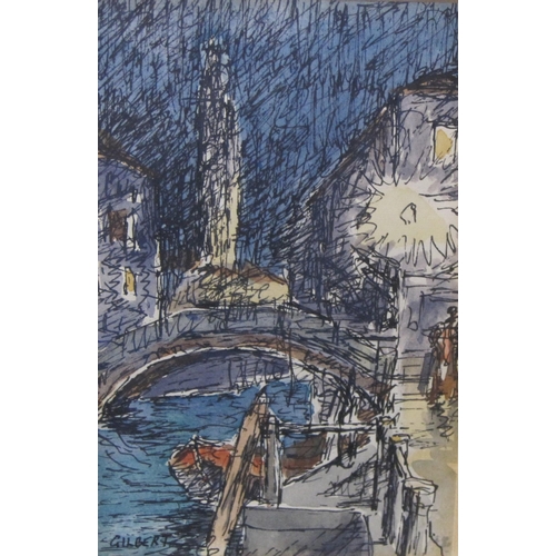 415 - DENIS GILBERT. Rialto Bridge, Venice, pen ink and watercolour, 4 1/2 x 3 in; a lithograph of a femal... 