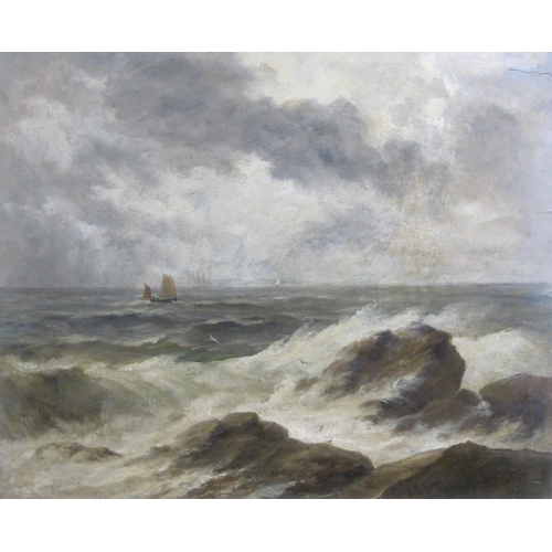 416 - ENGLISH SCHOOL circa 1880. Shipping off a Coast on a windy day, oil on canvas, 16 x 24 in ; and two ... 