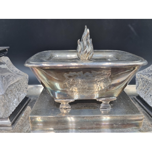 10 - An early Victorian silver oblong Inkstand engraved coat of arms, fitted central box with reversible ... 