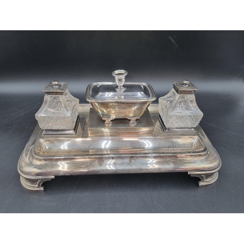 10 - An early Victorian silver oblong Inkstand engraved coat of arms, fitted central box with reversible ... 