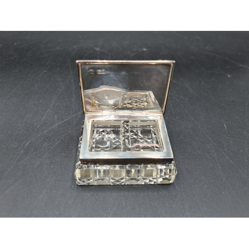 103 - An Edward VII silver lidded cut glass two division Stamp Case, London 1906