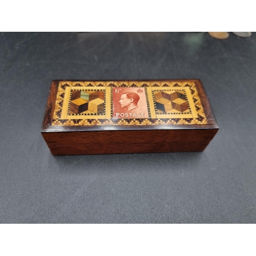 119 - A McDuff circular tartan Stamp Box, Mauchlinware Stamp Box, three others in wood, leather, etc, Stam... 