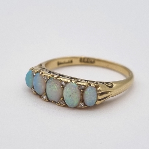 161 - A Victorian five stone Opal Ring pavé-set graduated oval opal cabochons with rose-cut diamond points... 