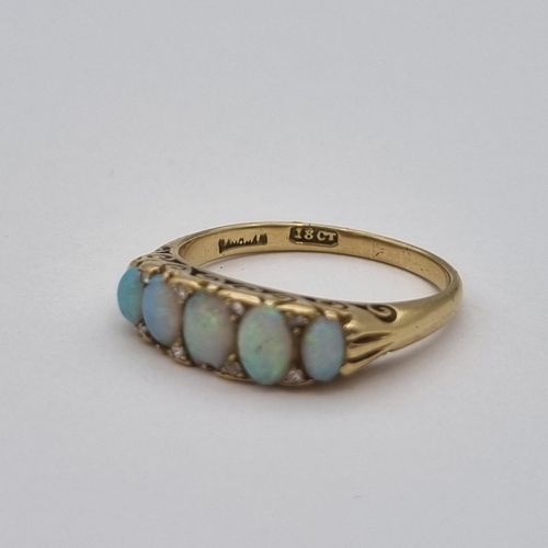 161 - A Victorian five stone Opal Ring pavé-set graduated oval opal cabochons with rose-cut diamond points... 