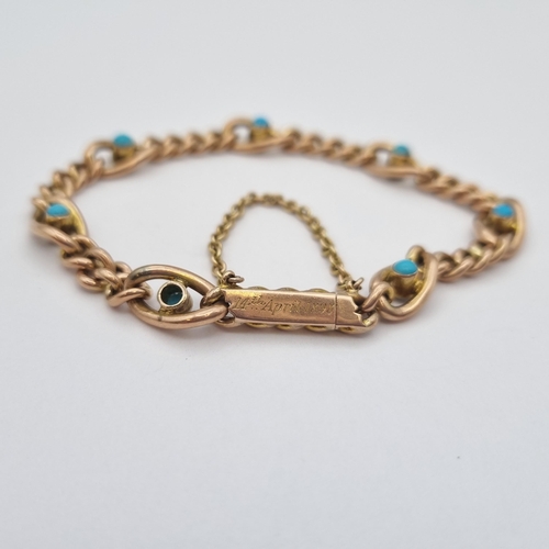 199 - A Victorian fancy link Bracelet set turquoise in 9ct gold, engraving to clasp '14th August 1898', a ... 