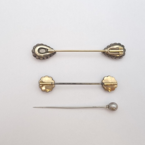 200 - Two paste-set Jabot Pins and a Pearl and Rock Crystal Stick Pin