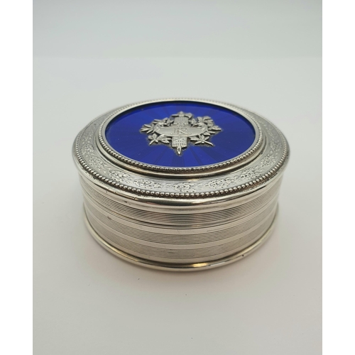 207 - A French silver and blue enamel circular Box, crest with monogram to lid, approx 7cms diameter