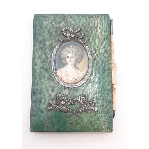 215 - A French shagreen Notebook with painted miniature in white metal mount to front cover, 2 1/2in x 4in