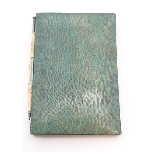 215 - A French shagreen Notebook with painted miniature in white metal mount to front cover, 2 1/2in x 4in