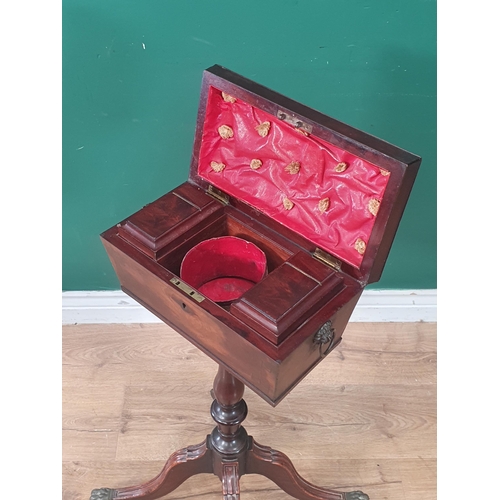 270 - A George III mahogany Teapoy with sarcophagus shaped two division box lacking mixing bowl, raised on... 