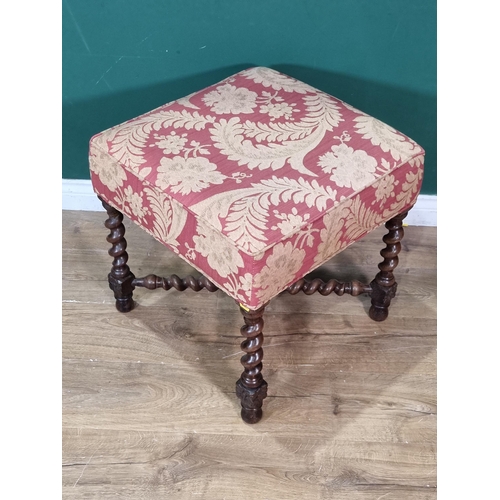 283 - An antique oak and upholstered Stool with barley twist supports and stretchers, 20in square