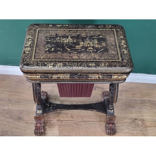 306 - A 19th Century chinoiserie ebonised and gilt Sewing/Work Table decorated figures and temples in a la... 