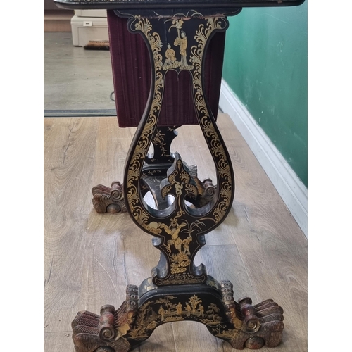 306 - A 19th Century chinoiserie ebonised and gilt Sewing/Work Table decorated figures and temples in a la... 