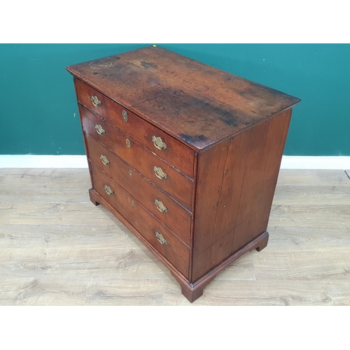 313 - An 18th Century cedar/fruitwood Chest of four long drawers 3ft 3in W on bracket supports.