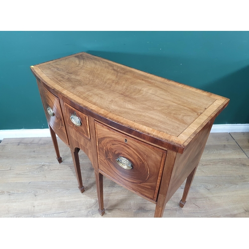 328 - A Georgian mahogany bowfront Sideboard with wide satinwood cross-banding fitted three drawers on squ... 