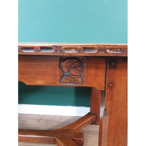 348 - A Knightsman style oak Refectory Table with carved edge, carving to the frieze Knight's head, etc, o... 