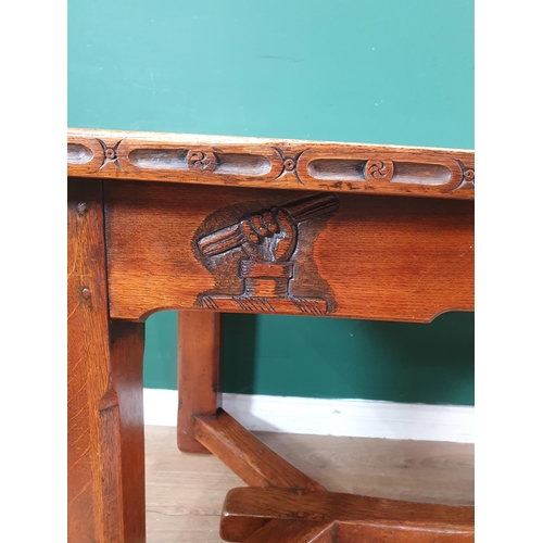 348 - A Knightsman style oak Refectory Table with carved edge, carving to the frieze Knight's head, etc, o... 