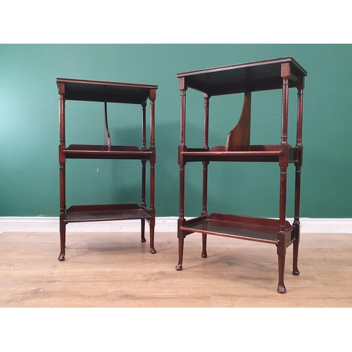 355 - A pair of Edwardian mahogany open Bookcases raised on turned supports and small pad feet (one foot c... 