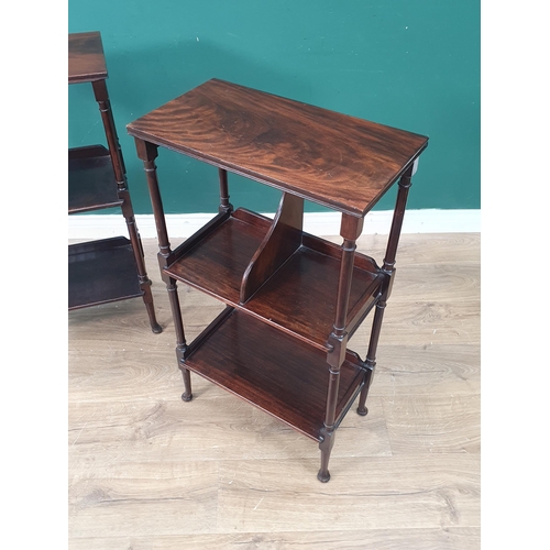 355 - A pair of Edwardian mahogany open Bookcases raised on turned supports and small pad feet (one foot c... 