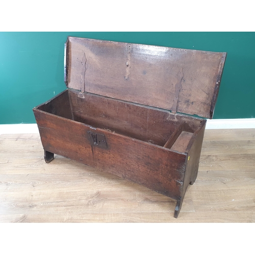 356 - A 17th Century oak six plank Chest with single piece hinged lid enclosing candle tray, the plain fro... 