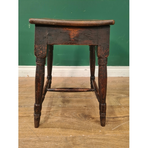 375 - A Georgian elm square topped Stool on turned supports united by H-stretcher 1ft 6in H x 10 1/2in W