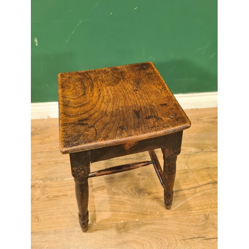 375 - A Georgian elm square topped Stool on turned supports united by H-stretcher 1ft 6in H x 10 1/2in W