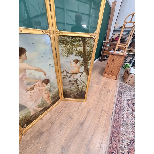 389 - A 19th Century giltwood framed three panel Dressing Screen with glass panels above painted scenes of... 