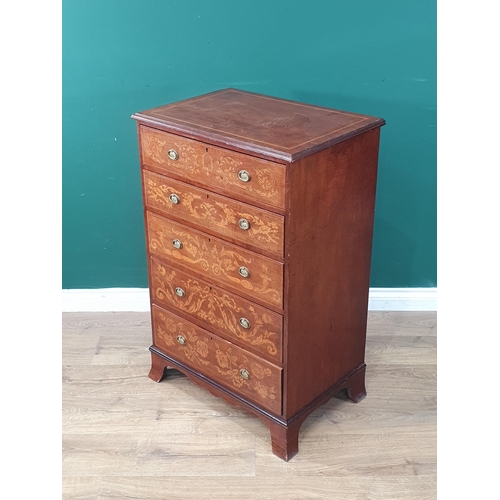 394 - An Edwardian mahogany and marquetry Chest of five graduated drawers on splay bracket feet with shape... 