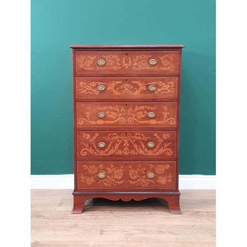 394 - An Edwardian mahogany and marquetry Chest of five graduated drawers on splay bracket feet with shape... 