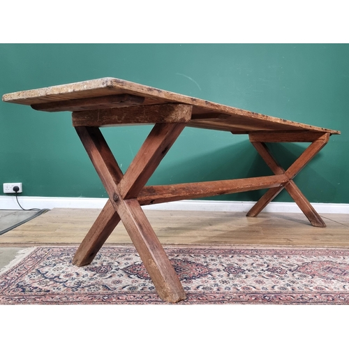 412 - An early 19th Century pine Tavern Table with two-plank top on cross-frame with squared stretcher, 8f... 