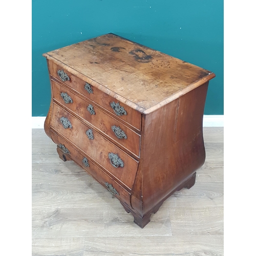 440 - An 18th Century walnut Bombe Chest of four long graduated Drawers, with moulded top, with floral dec... 