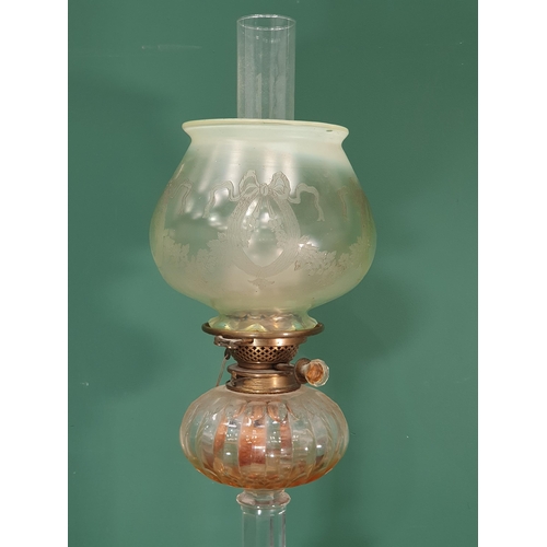 476 - A Victorian heavy cut glass Oil Lamp, with opalescent style glass shade with etched floral, swag and... 