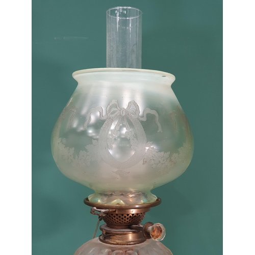 476 - A Victorian heavy cut glass Oil Lamp, with opalescent style glass shade with etched floral, swag and... 