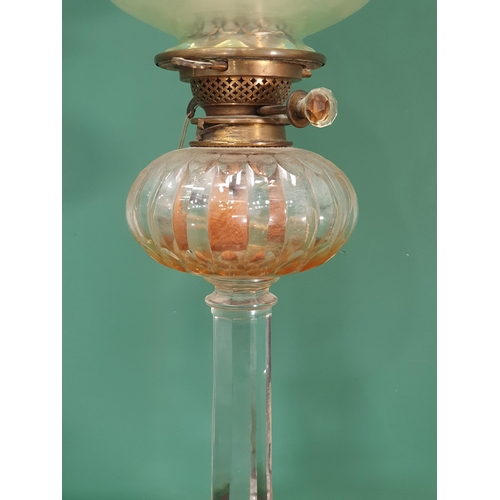 476 - A Victorian heavy cut glass Oil Lamp, with opalescent style glass shade with etched floral, swag and... 