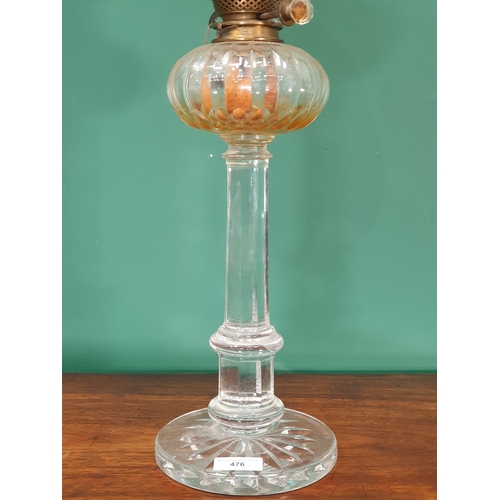 476 - A Victorian heavy cut glass Oil Lamp, with opalescent style glass shade with etched floral, swag and... 