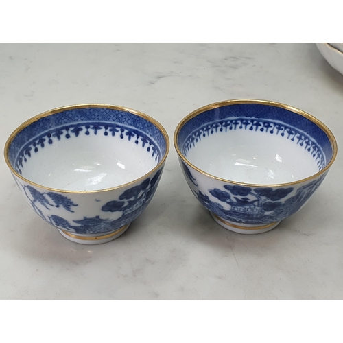 480 - Five Chinese Blue & White Dishes with shaped rims with gilt highlights decorated with pagoda and fen... 