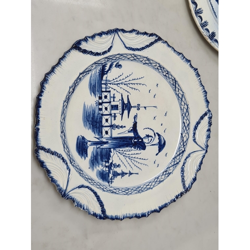 499 - A pearlware oval Meat Plate with shaped and shell design, rim painted with 'Long Liza and Pagoda' pa... 