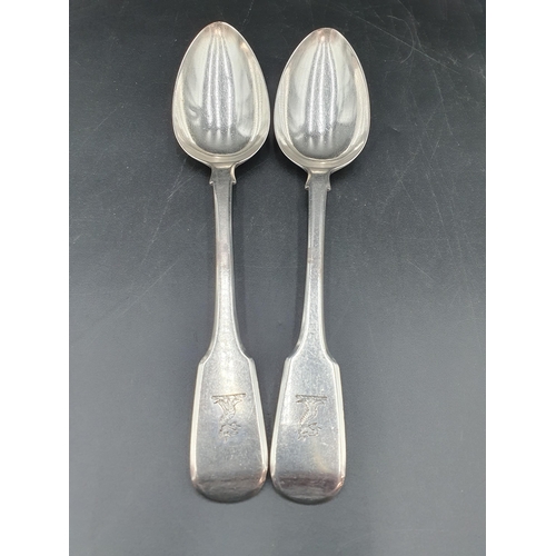 5 - Two George IV silver Table Spoons fiddle pattern engraved crests, London 1823, maker: Wm Eley