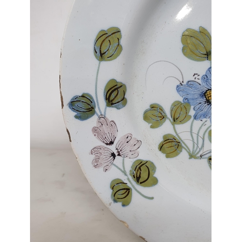 505 - An antique Delftware Dish (possibly Liverpool) with Fazackerley pallette, floral and foliage decorat... 