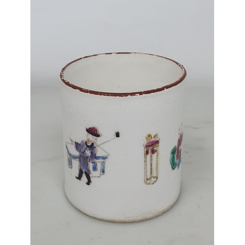 511 - An 18th Century porcelain Coffee Can with grooved shaped strap handle with painted polychrome figure... 