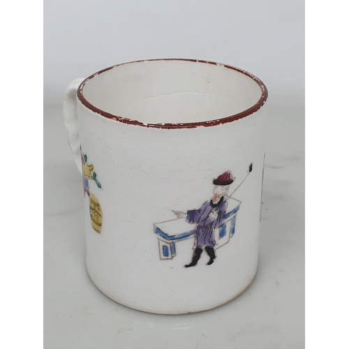 511 - An 18th Century porcelain Coffee Can with grooved shaped strap handle with painted polychrome figure... 