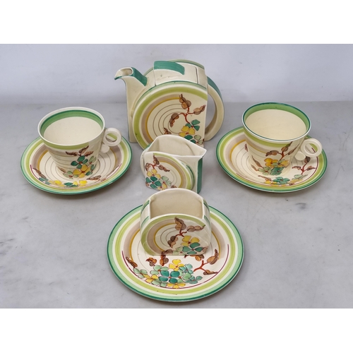 532 - A Clarice Cliff Tea-for-Two Tea Service, Stanford Shape, and decorated green hydrangea pattern, incl... 