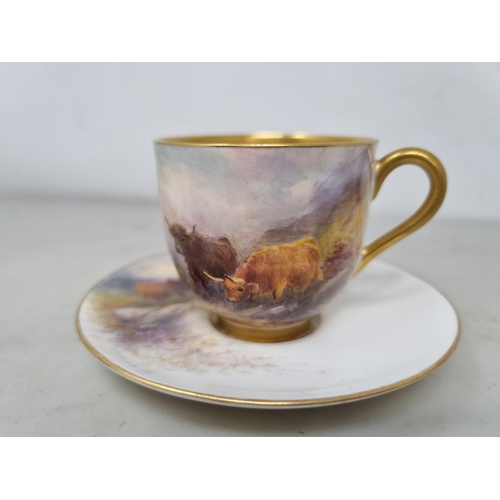 540 - A Royal Worcester Coffee Cup and Saucer painted highland cattle within a landscape, signed H. Stinto... 