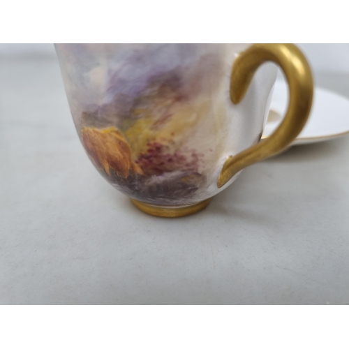 540 - A Royal Worcester Coffee Cup and Saucer painted highland cattle within a landscape, signed H. Stinto... 